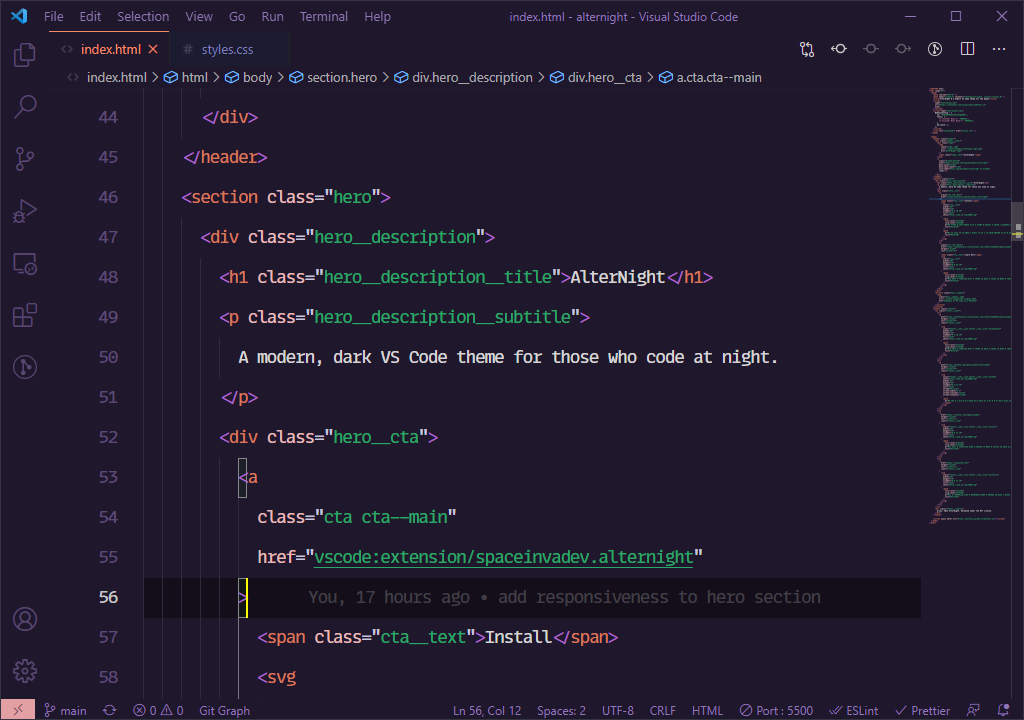 Snapshot of VS Code Editor with AlterNight theme